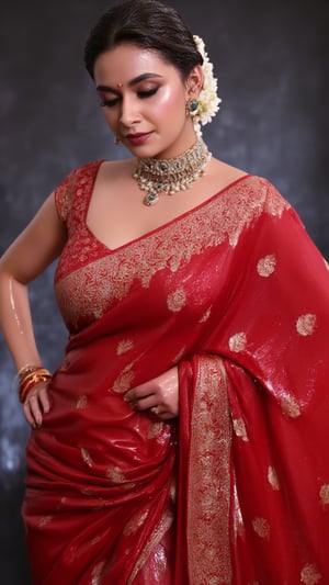 (Highest quality, Ultra HD, 16k, Masterpiece, wet clothes, wet hair, wet skin,slimy clothes, slimy hair, slimy skin:1.4), A soaking wet woman wearing a wet traditional red saree adorned with intricate gold embroidery stands elegantly. She also wears a wet red shawl with patterned design on her right side. She has a stylish wet bun decorated with small white flowers and wears stunning jewelry, including large earrings and a layered necklace featuring blue stones. Her makeup highlights her features, with a delicate bindi on her wet forehead. She poses gracefully, with one hand resting on her waist, showcasing ornate bangles. The background is softly blurred, enhancing the overall focus on her attire and beauty.. Her hair, clothes and skin are comlpletely wet. her wet clothes cling to her body. suds flowing through the body.,Fetishwet,Wet,covered in oil,covered in mud,wam,pouring oil,wetlook,pouring oil