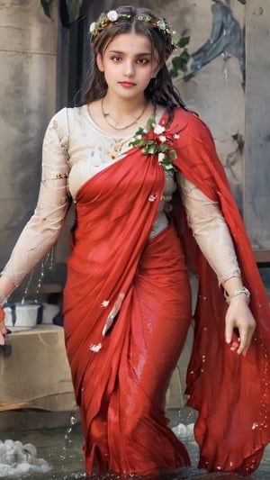 a slim german woman in a red saree and a flower crown on her head, shawl on her arms, , inspired by Lucas Cranach the Elder, inspired by Agnolo Bronzino, inspired by Dino Valls, inspired by Hendrik Goltzius, inspired by Parmigianino, inspired by Sofonisba Anguissola, inspired by Lucas Cranach the Younger,soakingwetclothes, wet clothes, wet hair, in water,indian