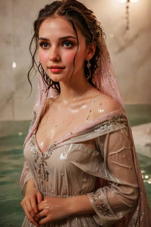 beautiful photo of a soaking wet girl. (masterpiece, top quality, best quality, official art, beautiful and aesthetic, wearing ballgown drapped with shawl:1.2), (1girl:1.4), portrait, extreme detailed, highest detailed, simple background, 16k, high resolution, perfect dynamic composition, bokeh, (sharp focus:1.2), super wide angle, high angle, high color contrast, medium shot, depth of field, blurry background,,itacstl, slight smile, ballgown, full sleeve

(wet clothes, wet hair, wet, wet face, wet skin, : 1.4 ), soakingwetclothes, wet clothes, wet hair, Visual Anime,Pakistani dress