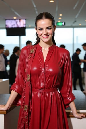 ((Wet clothes, wet hair, wet skin:1.4) A cinematic medium shot of a soaking wet Emma Watson wearing a traditional crimson, modest, full-sleeve wet cotton kameez and a wet dupatta shawl with intricate embroidery designs. She is posing for a photo at the reception desk in the boarding area of an airport, smiling confidently. The wet fabric shimmers as it catches the lights. The soaked full-sleeve dress accentuates her arms, and the draped dress highlights her elegant silhouette. Her wet hair is slicked back, and she strikes a powerful pose. Despite being drenched, her makeup remains flawless, enhancing her glamorous yet bold appearance. The dramatic contrast between the location and her soaked traditional attire adds flair to the moment, as the lighting reflects off the wet fabric....

,,Realistic.,, ,soakingwetclothes, wet clothes, wet hair, wet,,3/4 body image ,wet cloths cling to body,Wet,covered in oil,covered in mud,wam,wetlook, Fetishwet,Enhanced all