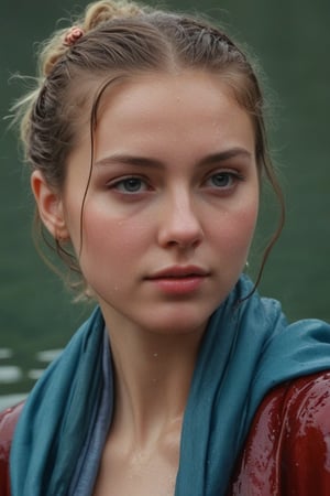 (wet clothes, wet hair, wet, wet face, wet skin,  : 1.4 ),(Chiaroscuro Solid colors background),( Beautiful wet German queen ),(greater details in definitions of face and eyes), (realistic and detailed wet skin textures), (extremely clear image, UHD, resembling realistic professional photographs, film grain), beautiful wet blonde hair,beautiful blue iris, ((wearing Baroque-style crimson dirndl ballgowns, royal cloak, clothes with vibrant colors, holding a shawl on hand, submerge,  hugging, very wet drenched hair, wet face:1.2)), infused with norwegian elements. The dress combines intricate lace and embroidery with colorful ballgown-inspired patterns. A wide obi belt cinches her waist, while puffed sleeves and delicate accessories complete the look, showcasing a striking fusion of cultures.,ct-drago
.
, soakingwetclothes, wet clothes, wet hair, Visual Anime,art_booster,anime_screencap,fake_screenshot,anime coloring