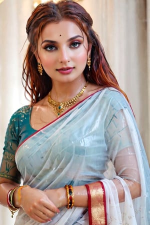 score_9,score_8_up,score_7_up, photorealistic , shot of a confident wet red-haired, portrait of an beautiful russian woman in saree, wet designed saree,  designer saree, white tiled background,  perfect hands highly detailed,detailed skin,highly detailed face and eyes,detailed face, detailed nose, detailed eyes,depth of field,film grain,backlighting, Neutral-Density-Filter, flawless clarity, brightly lit,,crystalz,Decora_SWstyle,art_booster, ((russian, ocaen shade patterened saree, full sleeve, wet clothes, wet hair, wet skin, wet_clothes, soaked hair, drenched hair, necklace, bracelet, wet clothes cling to body, wet clothes pattern, soakingwetclothes:1.3)),beautiful,indian,saree influencer,saree model,ultra realistic,real face