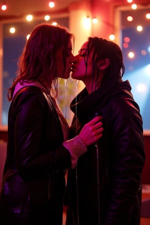 art by ilya kuvshinov and Yanjun Cheng, art by brandon woelfel, instagram photo of, (lesbians, kiss:1.1) , Iphone X, Selective focus, Vibrant Color, bokeh, lights in the background, geeky, feminine, high contrast, dark background, soft color scheme, messy hair, dressed up as nerds, wet heavy jackets and wet scarf. wet, soakingwet, 
.,Fetishwet,wet_hair,Wet,covered in oil,covered in mud,wam,wet clothes,pouring oil,wetlook,pouring oil, 