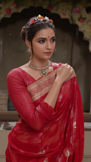 (Highest quality, Ultra HD, 16k, Masterpiece, wet clothes, wet hair, wet skin,slimy clothes, slimy hair, slimy skin:1.4),The image is a portrait of a soaking wet beautiful Indian woman wearing traditional Indian attire. She is wearing a wet red saree with gold embroidery and a matching wet full sleeve designer blouse. The wet saree is draped over her left shoulders which is paired by a wet red designer shawl on her right shoulder. she is also wearing a large necklace and earrings. Her hair is styled in a traditional Indian bun with a flower crown on top. She has a bindi on her forehead and is looking off to the side with a serious expression on her face. The background is blurred, but it appears to be an ornate archway with a floral pattern. The overall mood of the image is elegant and regal.

.. Her hair, clothes and skin are comlpletely wet. her wet clothes cling to her body. suds flowing through the body.,Fetishwet,Wet,covered in oil,covered in mud,wam,pouring oil,wetlook,pouring oil