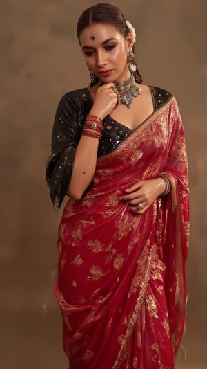 (Highest quality, Ultra HD, 16k, Masterpiece, wet clothes, wet hair, wet skin,slimy clothes, slimy hair, slimy skin, shawl on right shoulder:1.4), cinematic image of a soaking wet woman wearing a wet traditional red saree adorned with intricate gold embroidery stands elegantly, paired with a high neck wet long-sleeve blouse. Her wet stylised hair is neatly tied back,s. She has a stylish soaking wet slimy bun decorated with small white flowers and wears stunning jewelry, including large earrings and a layered necklace featuring blue stones. Her makeup highlights her features, with a delicate bindi on her wet forehead. She poses gracefully, with one hand resting on her waist, showcasing ornate bangles. The background is softly blurred, enhancing the overall focus on her attire and beauty.. Her hair, clothes and skin are comlpletely wet. her wet clothes cling to her body. suds flowing through the body.,Fetishwet,Wet,covered in oil,covered in mud,wam,pouring oil,wetlook,pouring oil, 