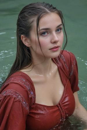 (wet clothes, wet hair, wet, wet face, wet skin,  : 1.4 ),(Chiaroscuro Solid colors background),( Beautiful wet German queen ),(greater details in definitions of face and eyes), (realistic and detailed wet skin textures), (extremely clear image, UHD, resembling realistic professional photographs, film grain), beautiful wet blonde hair,beautiful blue iris, ((wearing Baroque-style crimson dirndl ballgowns, royal cloak, clothes with vibrant colors, holding a shawl on hand, submerge,  hugging, very wet drenched hair, wet face:1.2)), infused with norwegian elements. The dress combines intricate lace and embroidery with colorful ballgown-inspired patterns. A wide obi belt cinches her waist, while puffed sleeves and delicate accessories complete the look, showcasing a striking fusion of cultures.,ct-drago
.
, soakingwetclothes, wet clothes, wet hair, Visual Anime,art_booster,anime_screencap,fake_screenshot,anime coloring