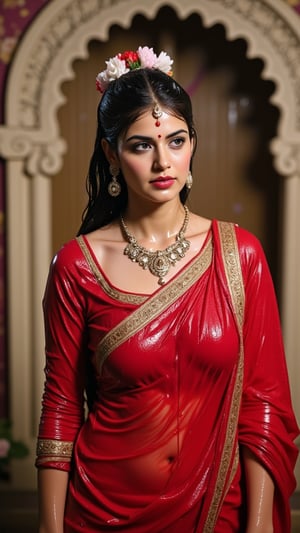 (Highest quality, Ultra HD, 16k, Masterpiece, wet clothes, wet hair, wet skin,slimy clothes, slimy hair, slimy skin:1.4),The image is a portrait of a soaking wet beautiful Indian woman wearing traditional Indian attire. She is wearing a wet red saree with gold embroidery and a matching wet full sleeve designer blouse. The wet saree is draped over her left shoulders which is paired by a wet red designer shawl on her right shoulder. she is also wearing a large necklace and earrings. Her hair is styled in a traditional Indian bun with a flower crown on top. She has a bindi on her forehead and is looking off to the side with a serious expression on her face. The background is blurred, but it appears to be an ornate archway with a floral pattern. The overall mood of the image is elegant and regal.

.. Her hair, clothes and skin are comlpletely wet. her wet clothes cling to her body. suds flowing through the body.,Fetishwet,Wet,covered in oil,covered in mud,wam,pouring oil,wetlook,