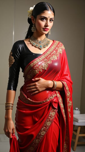 (Highest quality, Ultra HD, 16k, Masterpiece, wet clothes, wet hair, wet skin,slimy clothes, slimy hair, slimy skin:1.4), A soaking wet woman wearing a wet traditional red saree adorned with heavy intricate gold embroidery stands elegantly. On her left shoulders she wears the saree and one her left shoulder she wears a wet red designer shawl . She also wears a wet full sleeve blouse. The wet saree clings to her body, highlighting the delicate fabric design and the elegance of the wet full sleeve blouse. Her wet stylised hair is neatly tied back,s.. She has a stylish wet bun decorated with small white flowers and wears stunning jewelry, including large earrings and a layered necklace featuring blue stones. Her makeup highlights her features, with a delicate bindi on her wet forehead. She poses gracefully, with one hand resting on her waist, showcasing ornate bangles. The background is softly blurred, enhancing the overall focus on her attire and beauty.. Her hair, clothes and skin are comlpletely wet. her wet clothes cling to her body. suds flowing through the body.,Fetishwet,Wet,covered in oil,covered in mud,wam,pouring oil,wetlook,pouring oil,Enhanced all