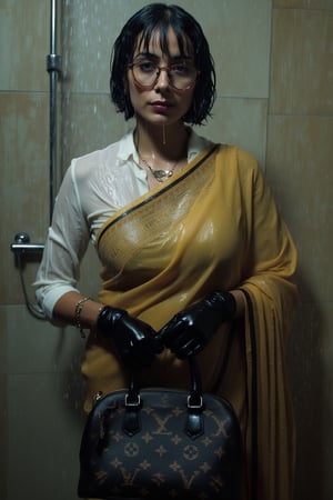 A photo of a wet soaked woman standing under a shower. teacher  in saree and full sleeve blouse and shawl, clings to her body. Her short bobbed hair frames her bespectacled face. Wet clothes, tinted black eyes, and pursed lips convey a sense of reserve. She holds a Louis Vuitton handbag with both hands, wearing leather gloves,Wetfetish,Fetishwet