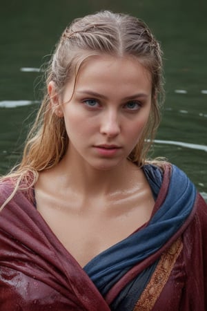 (wet clothes, wet hair, wet, wet face, wet skin,  : 1.4 ),(Chiaroscuro Solid colors background),( Beautiful wet German queen ),(greater details in definitions of face and eyes), (realistic and detailed wet skin textures), (extremely clear image, UHD, resembling realistic professional photographs, film grain), beautiful wet blonde hair,beautiful blue iris, ((wearing Baroque-style crimson dirndl ballgowns, royal cloak, clothes with vibrant colors, holding a shawl on hand, submerge,  hugging, very wet drenched hair, wet face:1.2)), infused with norwegian elements. The dress combines intricate lace and embroidery with colorful ballgown-inspired patterns. A wide obi belt cinches her waist, while puffed sleeves and delicate accessories complete the look, showcasing a striking fusion of cultures.,ct-drago
.
, soakingwetclothes, wet clothes, wet hair, Visual Anime,art_booster,anime_screencap,fake_screenshot,anime coloring