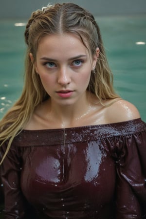 (wet clothes, wet hair, wet, wet face, wet skin,  : 1.4 ),(Chiaroscuro Solid colors background),( Beautiful wet German queen ),(greater details in definitions of face and eyes), (realistic and detailed wet skin textures), (extremely clear image, UHD, resembling realistic professional photographs, film grain), beautiful wet blonde hair,beautiful blue iris, ((wearing Baroque-style crimson dirndl ballgowns, royal cloak, clothes with vibrant colors, holding a shawl on hand, submerge,  hugging, very wet drenched hair, wet face:1.2)), infused with norwegian elements. The dress combines intricate lace and embroidery with colorful ballgown-inspired patterns. A wide obi belt cinches her waist, while puffed sleeves and delicate accessories complete the look, showcasing a striking fusion of cultures.,ct-drago
.
, soakingwetclothes, wet clothes, wet hair, Visual Anime,art_booster,anime_screencap,fake_screenshot,anime coloring