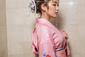 photo of japanese idol, looking away, kimono,   (((wet clothes, wet hair, wet skin, wet, soaked, clothes cling to skin:1.2)),soakingwetclothes