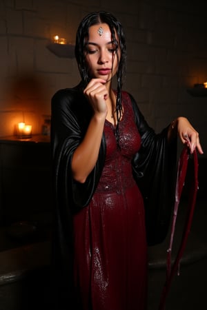 A photo of a soaking wet Korean woman with dark wet hair and a fair complexion. She is wearing a wet dark red dress with intricate patterns and details. The wet dress has a flowing design and is paired with a wet black shawl that is draped elegantly over her shoulders. The woman has a beautiful face and wears a piece of jewelry on her forehead. The background is a dimly lit room with candlelit walls and mysterious shadows. The atmosphere is dark and atmospheric, setting the stage for a dark fantasy.. they are doused with slime.  wet, soakingwet, 
.,Fetishwet,wet_hair,Wet,covered in oil,covered in mud,wam,wet clothes,pouring oil,wetlook,pouring oil, 