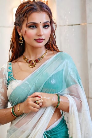 score_9,score_8_up,score_7_up, photorealistic , shot of a confident wet red-haired, portrait of an beautiful russian woman in saree, wet designed saree,  designer saree, white tiled background,  perfect hands highly detailed,detailed skin,highly detailed face and eyes,detailed face, detailed nose, detailed eyes,depth of field,film grain,backlighting, Neutral-Density-Filter, flawless clarity, brightly lit,,crystalz,Decora_SWstyle,art_booster, ((russian, ocaen shade patterened saree, full sleeve, wet clothes, wet hair, wet skin, wet_clothes, soaked hair, drenched hair, necklace, bracelet, wet clothes cling to body, wet clothes pattern, soakingwetclothes:1.3)),beautiful,indian,saree influencer,saree model,ultra realistic,real face