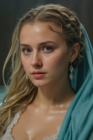 (wet clothes, wet hair, wet, wet face, wet skin,  : 1.4 ),(Chiaroscuro Solid colors background),( Beautiful wet German queen ),(greater details in definitions of face and eyes), (realistic and detailed wet skin textures), (extremely clear image, UHD, resembling realistic professional photographs, film grain), beautiful wet blonde hair,beautiful blue iris, ((wearing Baroque-style crimson dirndl ballgowns, royal cloak, clothes with vibrant colors, holding a shawl on hand, submerge,  hugging, very wet drenched hair, wet face:1.2)), infused with norwegian elements. The dress combines intricate lace and embroidery with colorful ballgown-inspired patterns. A wide obi belt cinches her waist, while puffed sleeves and delicate accessories complete the look, showcasing a striking fusion of cultures.,ct-drago
.
, soakingwetclothes, wet clothes, wet hair, Visual Anime,art_booster,anime_screencap,fake_screenshot,anime coloring