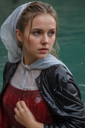 (wet clothes, wet hair, wet, wet face, wet skin,  : 1.4 ),(Chiaroscuro Solid colors background),( Beautiful wet German queen ),(greater details in definitions of face and eyes), (realistic and detailed wet skin textures), (extremely clear image, UHD, resembling realistic professional photographs, film grain), beautiful wet blonde hair,beautiful blue iris, ((wearing Baroque-style crimson dirndl ballgowns, royal cloak, clothes with vibrant colors, holding a shawl on hand, submerge,  hugging, very wet drenched hair, wet face:1.2)), infused with norwegian elements. The dress combines intricate lace and embroidery with colorful ballgown-inspired patterns. A wide obi belt cinches her waist, while puffed sleeves and delicate accessories complete the look, showcasing a striking fusion of cultures.,ct-drago
.
, soakingwetclothes, wet clothes, wet hair, Visual Anime,art_booster,anime_screencap,fake_screenshot,anime coloring