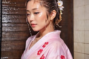 photo of japanese idol, looking away, kimono,   (((wet clothes, wet hair, wet skin, wet, soaked, clothes cling to skin:1.2)),soakingwetclothes