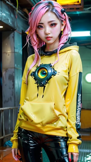 1girl, most beautiful korean girl, Korean beauty model, stunningly beautiful girl, gorgeous girl, 20yo, over sized eyes, big eyes, smiling, looking at viewer, dark gothic cyberpunk woman, defiant face, pastel colors, in clothes, colorful hair, light yellow sweatshirt, pants, black, with pink, guns hd, high detail, huoshen, TheLastOfUs, mgln,masterpiece, wet clothes, wet hair, wet skin, 
