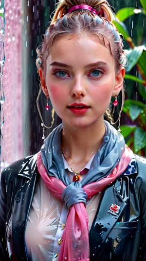 heavy rain, A mesmerizing, ultra-realistic 8K photo captures the essence of a young woman dressed in a British school uniform, draped with a shawl, wearing a wet and glistening pink ponytail hairstyle. The subject exudes a charming wet smile as she dons a woolen scarf, wet tight jacket, and a wet shawl, all set against a cinematic backdrop. The model's icy eyes and pale wet skin contrast with her ruby wet necklace and bracelet, creating a captivating visual. This stunning masterpiece, with its high contrast and vibrant color, is rendered with exquisite details and textures in a cinematic shot, showcasing the artist's exceptional skill. The image is bathed in warm tones, with a bright and intense atmosphere, and is trending on ArtStation, making it a standout piece