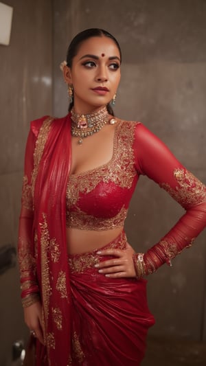 (Highest quality, Ultra HD, 16k, Masterpiece, wet clothes, wet hair, wet skin,slimy clothes, slimy hair, slimy skin, shawl on right shoulder:1.4), A soaking wet woman wearing a wet traditional red saree adorned with intricate gold embroidery stands elegantly, paired with a high neck wet long-sleeve blouse. Her wet stylised hair is neatly tied back,s. She has a stylish soaking wet slimy bun decorated with small white flowers and wears stunning jewelry, including large earrings and a layered necklace featuring blue stones. Her makeup highlights her features, with a delicate bindi on her wet forehead. She poses gracefully, with one hand resting on her waist, showcasing ornate bangles. The background is softly blurred, enhancing the overall focus on her attire and beauty.. Her hair, clothes and skin are comlpletely wet. her wet clothes cling to her body. suds flowing through the body.,Fetishwet,Wet,covered in oil,covered in mud,wam,pouring oil,wetlook,pouring oil, 