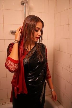 A woman standing in a tiled room. Her eyes closed in a moment of serenity. She wears wet slimy indian traditional black bridal saree with white traditional embroidary design, full sleeve red bouse with pattened design, wet long dupatta with patterned design as a veil, and very light brown hair, bathing with shampoo. Shampoo in hair. Soap flowing through clothes. wet red bridal veil .saree that clings to her body. The scene is illuminated by the soft, warm light of the room, highlighting the water droplets on her skin. The composition captures her relaxed pose, with the soap water flowing down her form, creating a sensual and intimate atmosphere. The background features a tiled room with steam rising, adding to the ambiance.,Fetishwet,wet_hair,Wet,covered in oil,covered in mud,wam,wet clothes,pouring oil,wetlook,pouring oil