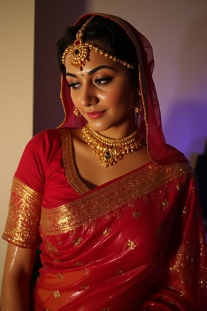 detailed soaking wet indian woman in her 20s wearing wet slimy indian bridal saree, bridal vail, and jewelery , detailed wet slimy red bridal saree, detailed gold jewelery , full body image . The soft light illuminates the left side of the frame, casting a flattering glow on her serene expression.,Fetishwet,Wet,covered in oil,covered in mud,wam,wet clothes,pouring oil,wetlook,pouring oil, the girl is completely doused with transparent slimes, 