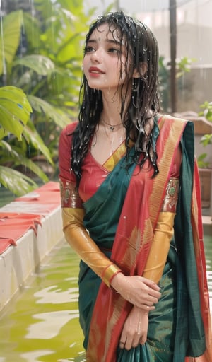 a bride in a saree with a necklace on her neck, a character portrait by Manjit Bawa, behance contest winner, bengal school of art, slight smile, happy, studio portrait, maximalist, studio photography,
, featured on instagram, samikshavad, elegant, rich color palette, 1920s

  ((wet clothes, wet hair, bathing in water, face focused, skin pores, long sleeve blouse, saree , detail face, heavy rain )),wet hair,girl wearing indian saree,aliabhatt,SoakingWetClothes