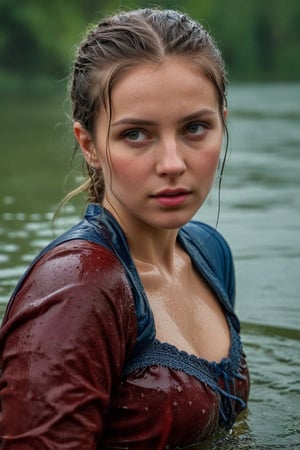(wet clothes, wet hair, wet, wet face, wet skin,  : 1.4 ),(Chiaroscuro Solid colors background),( Beautiful wet German queen with a shawl on her shoulder ),(greater details in definitions of face and eyes), (realistic and detailed wet skin textures), (extremely clear image, UHD, resembling realistic professional photographs, film grain), beautiful wet blonde hair,beautiful blue iris, ((wearing Baroque-style crimson dirndl ballgowns,clothes with vibrant colors, , submerge,  hugging, very wet drenched hair, wet face:1.2)), infused with norwegian elements. The dress combines intricate lace and embroidery with colorful ballgown-inspired patterns. A wide obi belt cinches her waist, while puffed sleeves and delicate accessories complete the look, showcasing a striking fusion of cultures.,ct-drago
.
, soakingwetclothes, wet clothes, wet hair, Visual Anime,art_booster,anime_screencap,fake_screenshot,anime coloring