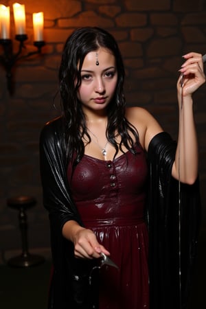 A photo of a soaking wet Korean woman with dark wet hair and a fair complexion. She is wearing a wet dark red dress with intricate patterns and details. The wet dress has a flowing design and is paired with a wet black shawl that is draped elegantly over her shoulders. The woman has a beautiful face and wears a piece of jewelry on her forehead. The background is a dimly lit room with candlelit walls and mysterious shadows. The atmosphere is dark and atmospheric, setting the stage for a dark fantasy.. they are doused with slime.  wet, soakingwet, 
.,Fetishwet,wet_hair,Wet,covered in oil,covered in mud,wam,wet clothes,pouring oil,wetlook,pouring oil, 