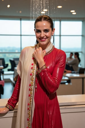 ((Wet clothes, wet hair, wet skin:1.4) A cinematic medium shot of a soaking wet Emma Watson wearing a traditional crimson, modest, full-sleeve wet cotton kameez and a wet white dupatta shawl with intricate embroidery designs. She is posing for a photo showering at the reception desk in the boarding area of an airport, smiling confidently. The wet fabric shimmers as it catches the lights. The soaked full-sleeve dress accentuates her arms, and the draped dress highlights her elegant silhouette. Her wet hair is slicked back, and she strikes a powerful pose. Despite being drenched, her makeup remains flawless, enhancing her glamorous yet bold appearance. The dramatic contrast between the location and her soaked traditional attire adds flair to the moment, as the lighting reflects off the wet fabric....

,,Realistic.,, ,soakingwetclothes, wet clothes, wet hair, wet,,3/4 body image ,wet cloths cling to body,Wet,covered in oil,covered in mud,wam,wetlook, Fetishwet,Enhanced all