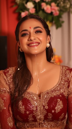 (Highest quality, Ultra HD, 16k, Masterpiece), A medium-close-up shot of soaking wet  Keerthy Suresh in a wet traditional Indian bridal outfit. The wet deep crimson wet lehenga is adorned with gold embroidery, and she wears intricate jewelry that sparkles in the warm, natural sunlight. Her wet hair is adorned with jasmine flowers, and her wet face glows with a serene smile, her eyes filled with a quiet confidence. The background features a blur of vibrant wedding decor, but the focus is on her radiant beauty, encapsulating a moment of timeless elegance. Her hair, clothes and skin are comlpletely wet. her wet clothes cling to her body. suds flowing through the body.,Fetishwet,Wet,covered in oil,covered in mud,wam,pouring oil,wetlook,pouring oil