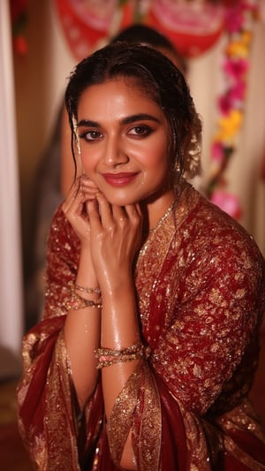 (Highest quality, Ultra HD, 16k, Masterpiece), A medium-close-up shot of soaking wet  Keerthy Suresh in a wet traditional Indian bridal outfit. The wet deep crimson wet lehenga is adorned with gold embroidery, and she wears intricate jewelry that sparkles in the warm, natural sunlight. Her wet hair is adorned with jasmine flowers, and her wet face glows with a serene smile, her eyes filled with a quiet confidence. The background features a blur of vibrant wedding decor, but the focus is on her radiant beauty, encapsulating a moment of timeless elegance. Her hair, clothes and skin are comlpletely wet. her wet clothes cling to her body. suds flowing through the body.,Fetishwet,Wet,covered in oil,covered in mud,wam,pouring oil,wetlook,pouring oil