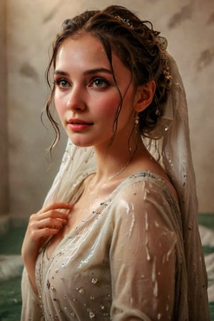 beautiful photo of a soaking wet girl. (masterpiece, top quality, best quality, official art, beautiful and aesthetic, wearing ballgown drapped with shawl:1.2), (1girl:1.4), portrait, extreme detailed, highest detailed, simple background, 16k, high resolution, perfect dynamic composition, bokeh, (sharp focus:1.2), super wide angle, high angle, high color contrast, medium shot, depth of field, blurry background,,itacstl, slight smile, ballgown, full sleeve

(wet clothes, wet hair, wet, wet face, wet skin, : 1.4 ), soakingwetclothes, wet clothes, wet hair, Visual Anime,Pakistani dress