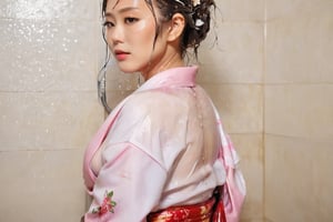 photo of japanese idol, looking away, kimono,   (((wet clothes, wet hair, wet skin, wet, soaked, clothes cling to skin:1.2)),soakingwetclothes