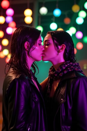 art by ilya kuvshinov and Yanjun Cheng, art by brandon woelfel, instagram photo of, (lesbians, kiss:1.1) , Iphone X, Selective focus, Vibrant Color, bokeh, lights in the background, geeky, feminine, high contrast, dark background, soft color scheme, messy hair, dressed up as nerds, wet heavy jackets and wet scarf. shampoo in hair. suds flowing through the body.  wet, soakingwet, 
.,Fetishwet,wet_hair,Wet,covered in oil,covered in mud,wam,wet clothes,pouring oil,wetlook,pouring oil, 