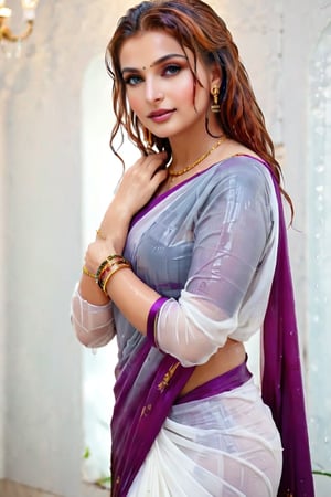 score_9,score_8_up,score_7_up, photorealistic , shot of a confident wet red-haired, portrait of an beautiful russian woman in saree, wet designed saree,  designer saree, white tiled background,  perfect hands highly detailed,detailed skin,highly detailed face and eyes,detailed face, detailed nose, detailed eyes,depth of field,film grain,backlighting, Neutral-Density-Filter, flawless clarity, brightly lit,,crystalz,Decora_SWstyle,art_booster, ((russian, ocaen shade patterened saree, full sleeve, wet clothes, wet hair, wet skin, wet_clothes, soaked hair, drenched hair, necklace, bracelet, wet clothes cling to body, wet clothes pattern, soakingwetclothes:1.3)),beautiful,indian,saree influencer,saree model,ultra realistic,real face