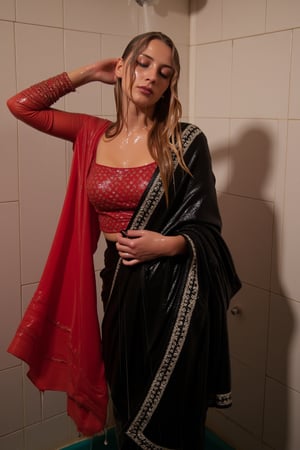 A norwegian woman standing in a tiled room. Her eyes closed in a moment of serenity. She wears wet slimy indian traditional black bridal saree with white traditional embroidary design, full sleeve red bouse with pattened design, wet dupatta as a veil, and very light brown hair, bathing with shampoo. Shampoo in hair. Soap flowing through clothes. wet red bridal veil .saree that clings to her body. The scene is illuminated by the soft, warm light of the room, highlighting the water droplets on her skin. The composition captures her relaxed pose, with the water flowing down her form, creating a sensual and intimate atmosphere. The background features a tiled room with steam rising, adding to the ambiance.,Fetishwet,wet_hair,Wet,covered in oil,covered in mud,wam,wet clothes,pouring oil,wetlook,pouring oil