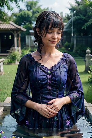 romantic photography upper body shot of a smugly smiling young girl, indigo in a lush lavender graveyard with flowers and birds, 3d render, cgi, symmetrical, octane render, 35mm, bokeh, 9:16, (intricate details:1.2), hdr, (intricate details, hyperdetailed:1.15), (natural skin texture, hyperrealism, soft light, sharp:1.3), detailed iris,   wet hair, (bathing in water), ((wet clothes, victorian ballgown, 
((,SeiShonagon)), cloak, ))