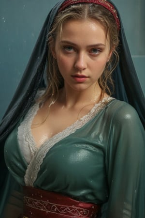 (wet clothes, wet hair, wet, wet face, wet skin, full body  : 1.4 ),(Chiaroscuro Solid colors background),( Beautiful wet German queen with a shawl on her shoulder ),(greater details in definitions of face and eyes), (realistic and detailed wet skin textures), (extremely clear image, UHD, resembling realistic professional photographs, film grain), beautiful wet blonde hair,beautiful blue iris, ((wearing Baroque-style crimson dirndl ballgowns, veiled royal cloak, clothes with vibrant colors, holding a shawl on hand, submerge,  hugging, very wet drenched hair, wet face:1.2)), infused with norwegian elements. The dress combines intricate lace and embroidery with colorful ballgown-inspired patterns. A wide obi belt cinches her waist, while puffed sleeves and delicate accessories complete the look, showcasing a striking fusion of cultures.,ct-drago
.
, soakingwetclothes, wet clothes, wet hair, Visual Anime,art_booster,anime_screencap,fake_screenshot,anime coloring