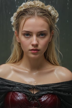 (wet clothes, wet hair, wet, wet face, wet skin,  : 1.4 ),(Chiaroscuro Solid colors background),( Beautiful wet German queen ),(greater details in definitions of face and eyes), (realistic and detailed wet skin textures), (extremely clear image, UHD, resembling realistic professional photographs, film grain), beautiful wet blonde hair,beautiful blue iris, ((wearing Baroque-style crimson dirndl ballgowns, royal cloak, clothes with vibrant colors, holding a shawl on hand, submerge,  hugging, very wet drenched hair, wet face:1.2)), infused with norwegian elements. The dress combines intricate lace and embroidery with colorful ballgown-inspired patterns. A wide obi belt cinches her waist, while puffed sleeves and delicate accessories complete the look, showcasing a striking fusion of cultures.,ct-drago
.
, soakingwetclothes, wet clothes, wet hair, Visual Anime,art_booster,anime_screencap,fake_screenshot,anime coloring