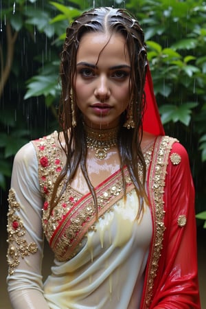 (wet clothes, wet hair, wet face, wet skin, slimy clothes, slimy skin, slimy hair ) 

(wet clothes, wet hair, wet face, wet skin, slimy hair, slimy skin, slimy clothes) 

torrential rain, face focused, damp, a drenched Bride in a richly embroidered white bridal saree paired by red bridal veil and jewelry drenched, adorned with intricate gold patterns. She also wears a full sleeve long blouse with intricate design.  dress looks clingy, wrinkled or limp, and glossy, with fabric adhering closely to the skin due to the weight of the water. water changes its reflectivity. soft lighting, a celebratory atmosphere despite the rain. water cascading clothes hair skin. darker and shinier fabric texture.



4K, RAW, masterpiece, soakingwetclothes, wetlook, high definition, wet fashion photography.,Fetishwet,FluxGothicRealnime,Wetfetish