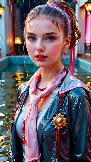 heavy rain, A mesmerizing, ultra-realistic 8K photo captures the essence of a young woman dressed in a British school uniform, draped with a shawl, wearing a wet and glistening pink ponytail hairstyle. The subject exudes a charming wet smile as she dons a woolen scarf, wet tight jacket, and a wet shawl, all set against a cinematic backdrop. The model's icy eyes and pale wet skin contrast with her ruby wet necklace and bracelet, creating a captivating visual. This stunning masterpiece, with its high contrast and vibrant color, is rendered with exquisite details and textures in a cinematic shot, showcasing the artist's exceptional skill. The image is bathed in warm tones, with a bright and intense atmosphere, and is trending on ArtStation, making it a standout piece
