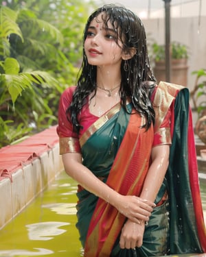 a bride in a saree with a necklace on her neck, a character portrait by Manjit Bawa, behance contest winner, bengal school of art, slight smile, happy, studio portrait, maximalist, studio photography,
, featured on instagram, samikshavad, elegant, rich color palette, 1920s

  ((wet clothes, wet hair, bathing in water, face focused, skin pores, sleeve blouse, saree , detail face, heavy rain )),wet hair,girl wearing indian saree,aliabhatt,SoakingWetClothes