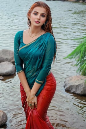 score_9,score_8_up,score_7_up, photorealistic , shot of a confident wet red-haired, portrait of an beautiful russian woman in saree, sitting on rocks near water and raindrops falling on her wet hair, blue green wet sarees with full sleeve teal wet blouse around the waist , standing pose, looking at camera, hair wet from heavy raining background, heavy leaves plants and stones behind, dramatic lighting, hyper realistic photography, cinematic shot, perfect hands highly detailed,detailed skin,highly detailed face and eyes,detailed face, detailed nose, detailed eyes,depth of field,film grain,backlighting, Neutral-Density-Filter, flawless clarity, brightly lit,,crystalz,Decora_SWstyle,art_booster, ((russian, wet clothes, wet hair, wet skin, wet_clothes,soakingwetclothes:1.3)),beautiful,indian,saree influencer,saree model,ultra realistic,real face