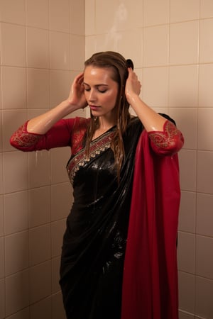 A norwegian woman standing in a tiled room. Her eyes closed in a moment of serenity. She wears wet slimy indian traditional black bridal saree with white traditional embroidary design, full sleeve red bouse with pattened design, wet dupatta as a veil, and very light brown hair, bathing with shampoo. Shampoo in hair. Soap flowing through clothes. wet red bridal veil .saree that clings to her body. The scene is illuminated by the soft, warm light of the room, highlighting the water droplets on her skin. The composition captures her relaxed pose, with the water flowing down her form, creating a sensual and intimate atmosphere. The background features a tiled room with steam rising, adding to the ambiance.,Fetishwet,wet_hair,Wet,covered in oil,covered in mud,wam,wet clothes,pouring oil,wetlook,pouring oil