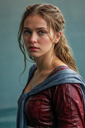 (wet clothes, wet hair, wet, wet face, wet skin,  : 1.4 ),(Chiaroscuro Solid colors background),( Beautiful wet German queen with a shawl on her shoulder ),(greater details in definitions of face and eyes), (realistic and detailed wet skin textures), (extremely clear image, UHD, resembling realistic professional photographs, film grain), beautiful wet blonde hair,beautiful blue iris, ((wearing Baroque-style crimson dirndl ballgowns partly covered by shawl,clothes with vibrant colors, , submerge,  hugging, very wet drenched hair, wet face:1.2)), infused with norwegian elements. The dress combines intricate lace and embroidery with colorful ballgown-inspired patterns. A wide obi belt cinches her waist, while puffed sleeves and delicate accessories complete the look, showcasing a striking fusion of cultures.,ct-drago
.
, soakingwetclothes, wet clothes, wet hair, Visual Anime,art_booster,anime_screencap,fake_screenshot,anime coloring