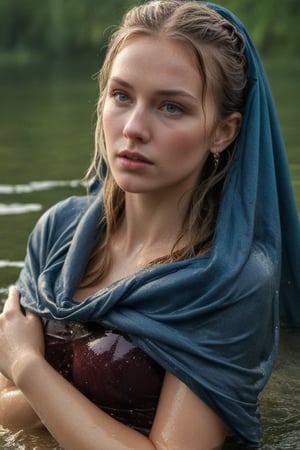 (wet clothes, wet hair, wet, wet face, wet skin,  : 1.4 ),(Chiaroscuro Solid colors background),( Beautiful wet German queen ),(greater details in definitions of face and eyes), (realistic and detailed wet skin textures), (extremely clear image, UHD, resembling realistic professional photographs, film grain), beautiful wet blonde hair,beautiful blue iris, ((wearing Baroque-style crimson dirndl ballgowns, royal cloak, clothes with vibrant colors, holding a shawl on hand, submerge,  hugging, very wet drenched hair, wet face:1.2)), infused with norwegian elements. The dress combines intricate lace and embroidery with colorful ballgown-inspired patterns. A wide obi belt cinches her waist, while puffed sleeves and delicate accessories complete the look, showcasing a striking fusion of cultures.,ct-drago
.
, soakingwetclothes, wet clothes, wet hair, Visual Anime,art_booster,anime_screencap,fake_screenshot,anime coloring