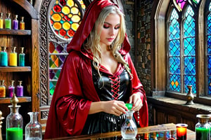 1 girl, 50 mm lens, Photorealistic, Award Winning, Ultra Realistic, 8k, of a 25 years old good sweet wet girl preparing potions in her study. She has wet blonde hair and wears a wet medieval red dress with wet hood and wet tippet, richly silver embroidered. Medieval atmosphere. On background we see colourful stained glasses window lighting an old castle room, (many bright colored potion ampoules:1.4) on the shelves. Masterpiece, ultra highly detailed, Dynamic Poses, Alluring, Amazing, Excellent, Detailed Face, Beautiful Symmetric Eyes, Heavenly, Very Refined, dark golden light,digital painting,crystalz,Decora_SWstyle,art_booster, wet clothes, wet hair, wet skin, wet_clothes,soakingwetclothes