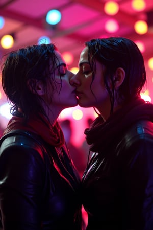 art by ilya kuvshinov and Yanjun Cheng, art by brandon woelfel, instagram photo of, (lesbians, kiss:1.1) , Iphone X, Selective focus, Vibrant Color, bokeh, lights in the background, geeky, feminine, high contrast, dark background, soft color scheme, messy hair, dressed up as nerds, wet heavy jackets and wet scarf. wet, soakingwet, 
.,Fetishwet,wet_hair,Wet,covered in oil,covered in mud,wam,wet clothes,pouring oil,wetlook,pouring oil, 