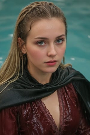 (wet clothes, wet hair, wet, wet face, wet skin,  : 1.4 ),(Chiaroscuro Solid colors background),( Beautiful wet German queen ),(greater details in definitions of face and eyes), (realistic and detailed wet skin textures), (extremely clear image, UHD, resembling realistic professional photographs, film grain), beautiful wet blonde hair,beautiful blue iris, ((wearing Baroque-style crimson dirndl ballgowns, royal cloak, clothes with vibrant colors, holding a shawl on hand, submerge,  hugging, very wet drenched hair, wet face:1.2)), infused with norwegian elements. The dress combines intricate lace and embroidery with colorful ballgown-inspired patterns. A wide obi belt cinches her waist, while puffed sleeves and delicate accessories complete the look, showcasing a striking fusion of cultures.,ct-drago
.
, soakingwetclothes, wet clothes, wet hair, Visual Anime,art_booster,anime_screencap,fake_screenshot,anime coloring